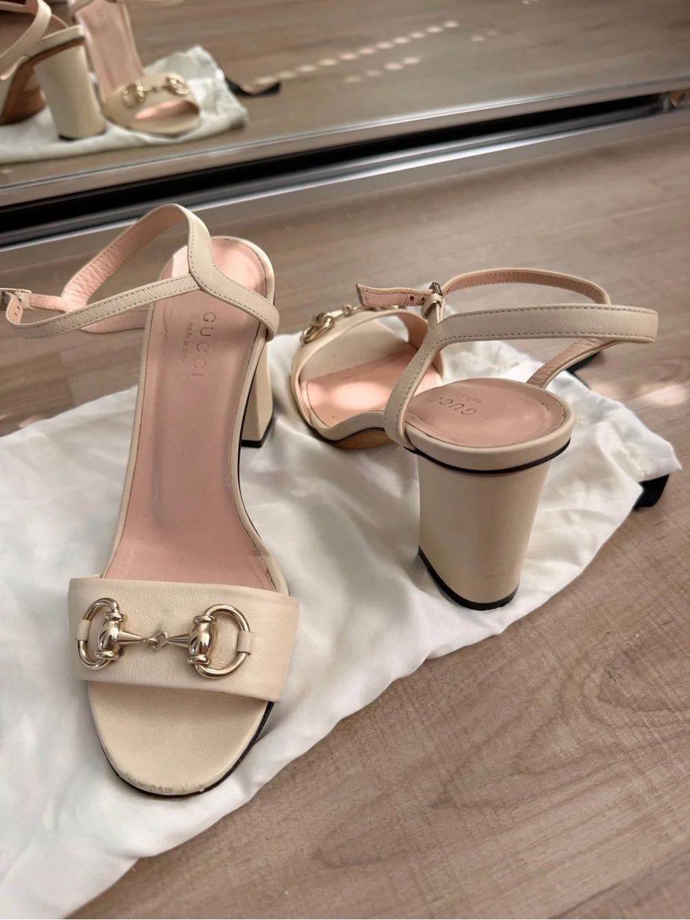 Gucci Cream Leather Horsebit Ankle-Strap Heels